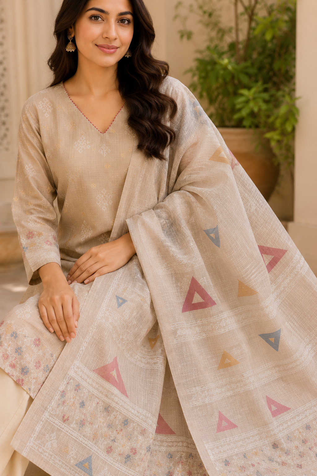 Beige Textured Kurta Pant Dupatta Set with Floral Hem Detailing