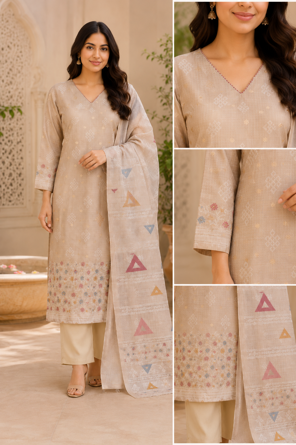 Beige Textured Kurta Pant Dupatta Set with Floral Hem Detailing