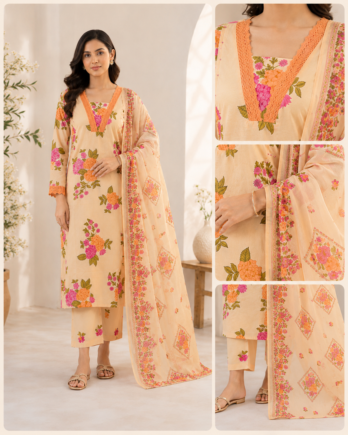Peach Floral Printed Kurta Pant Dupatta Set with Lace Neck Detailing