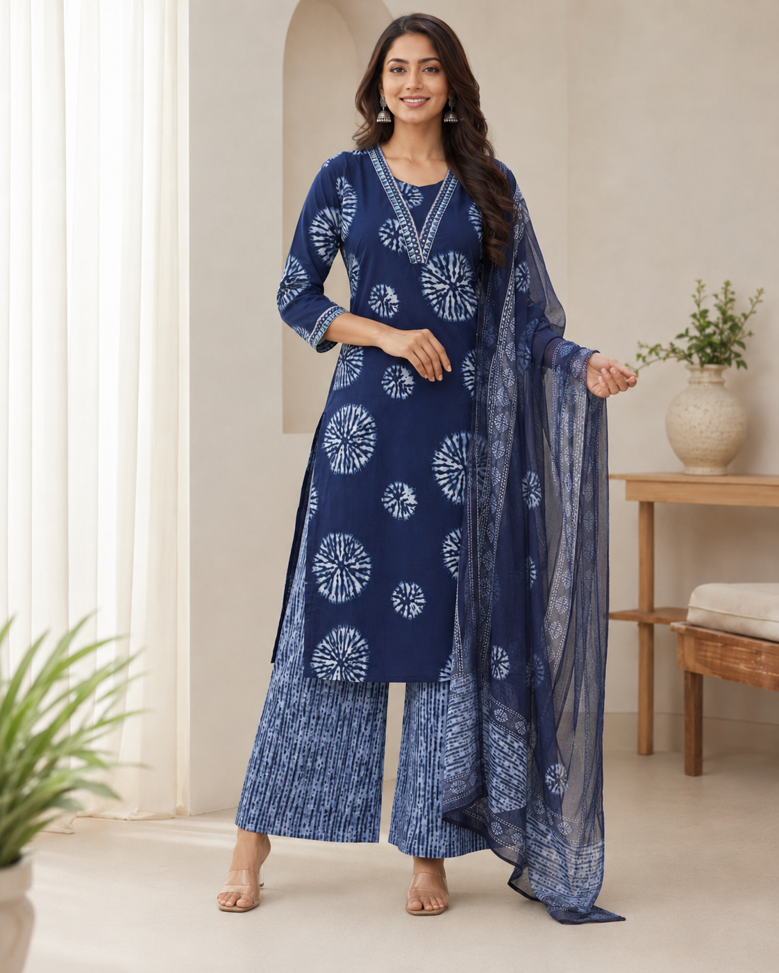 Indigo Shibori Print Kurta Palazzo Dupatta Set