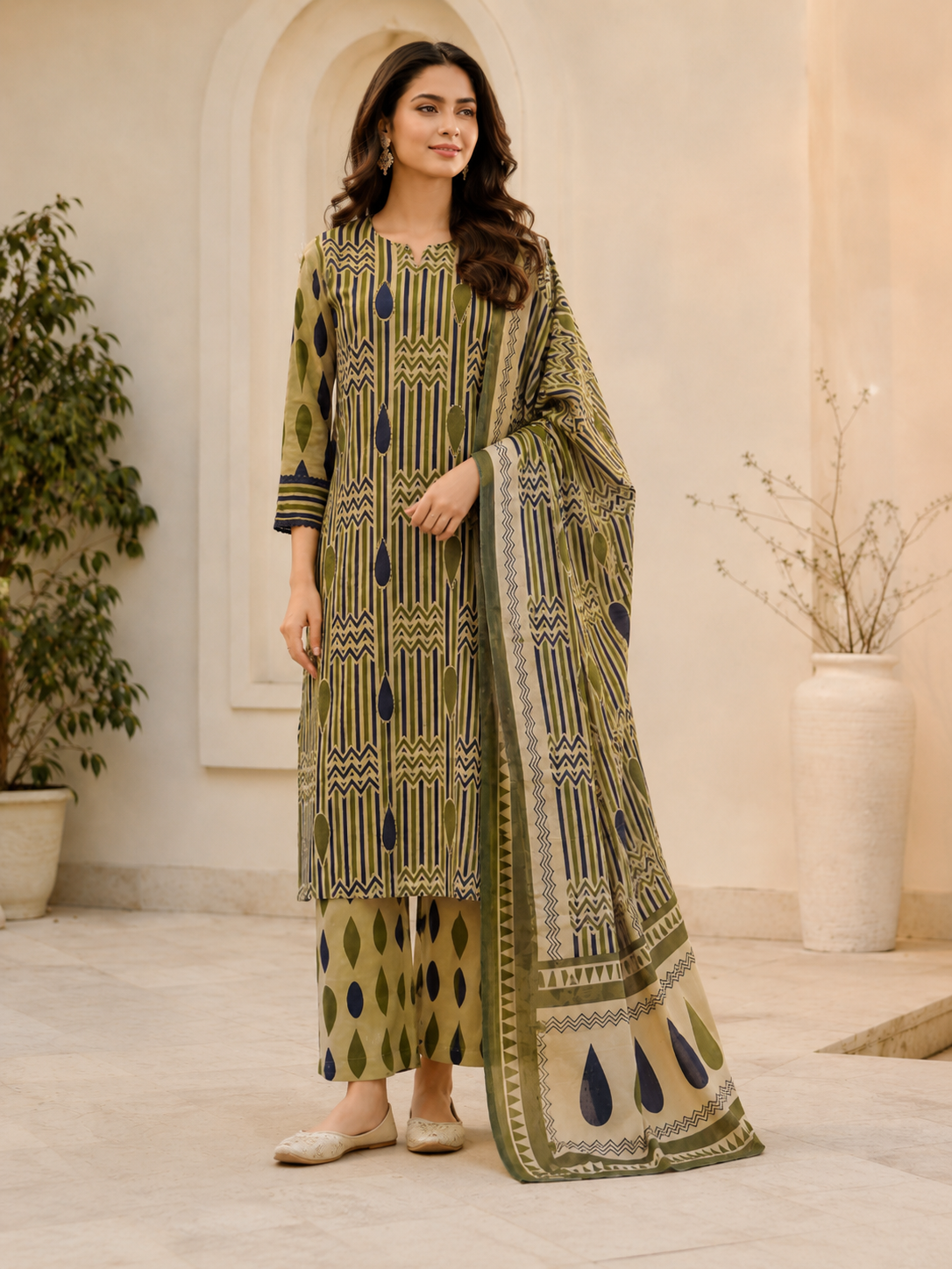 Olive Beige Geometric Printed Kurta Pant Dupatta Set