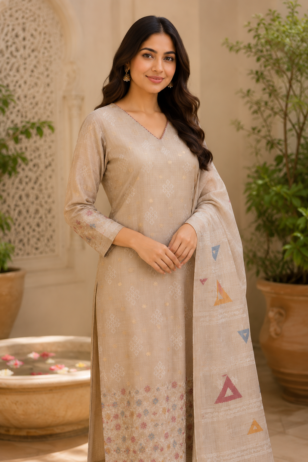Beige Textured Kurta Pant Dupatta Set with Floral Hem Detailing