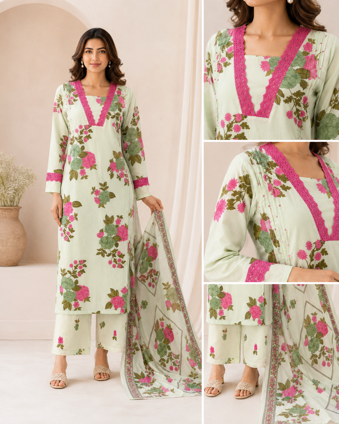 Pista Green Floral Printed Kurta Pant Dupatta Set with Pink Lace Detailing