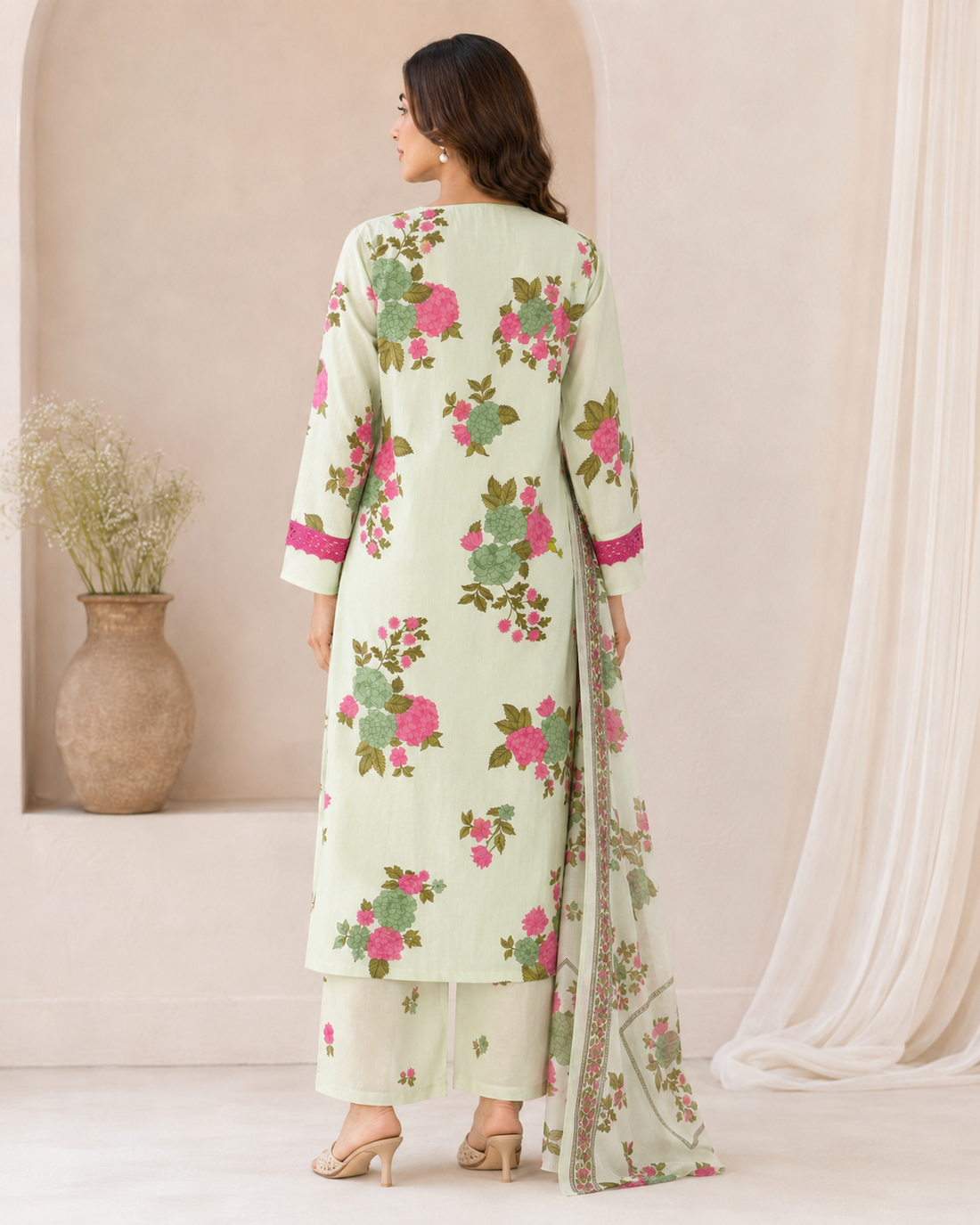 Pista Green Floral Printed Kurta Pant Dupatta Set with Pink Lace Detailing