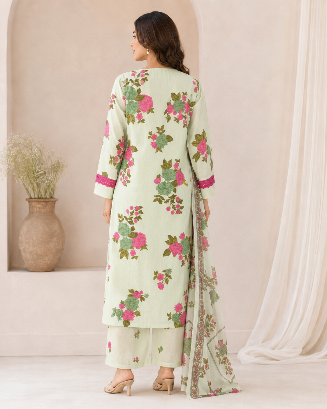 Pista Green Floral Printed Kurta Pant Dupatta Set with Pink Lace Detailing