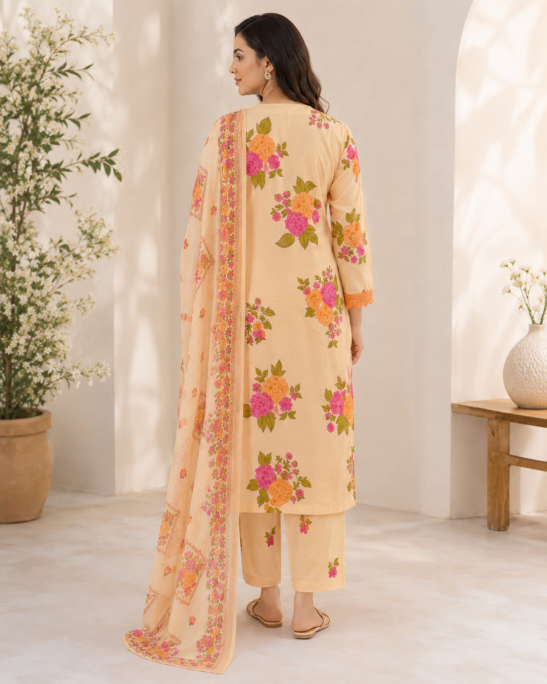 Peach Floral Printed Kurta Pant Dupatta Set with Lace Neck Detailing