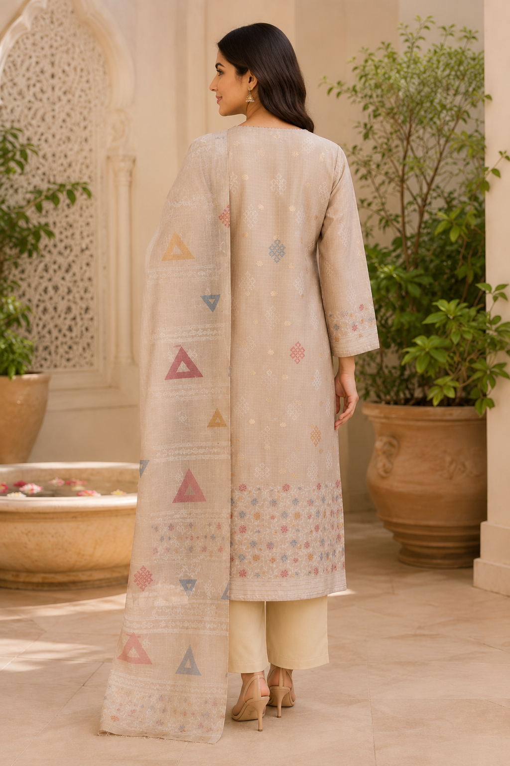Beige Textured Kurta Pant Dupatta Set with Floral Hem Detailing