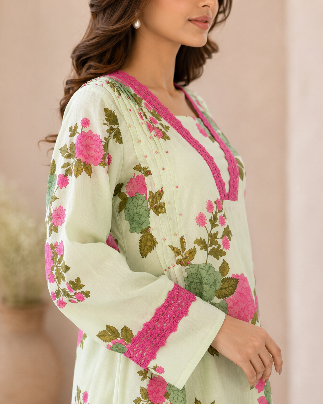 Pista Green Floral Printed Kurta Pant Dupatta Set with Pink Lace Detailing