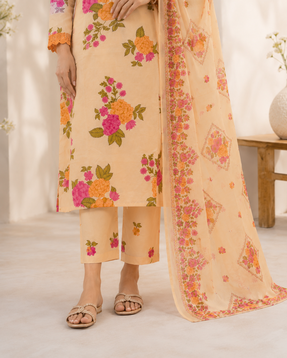 Peach Floral Printed Kurta Pant Dupatta Set with Lace Neck Detailing