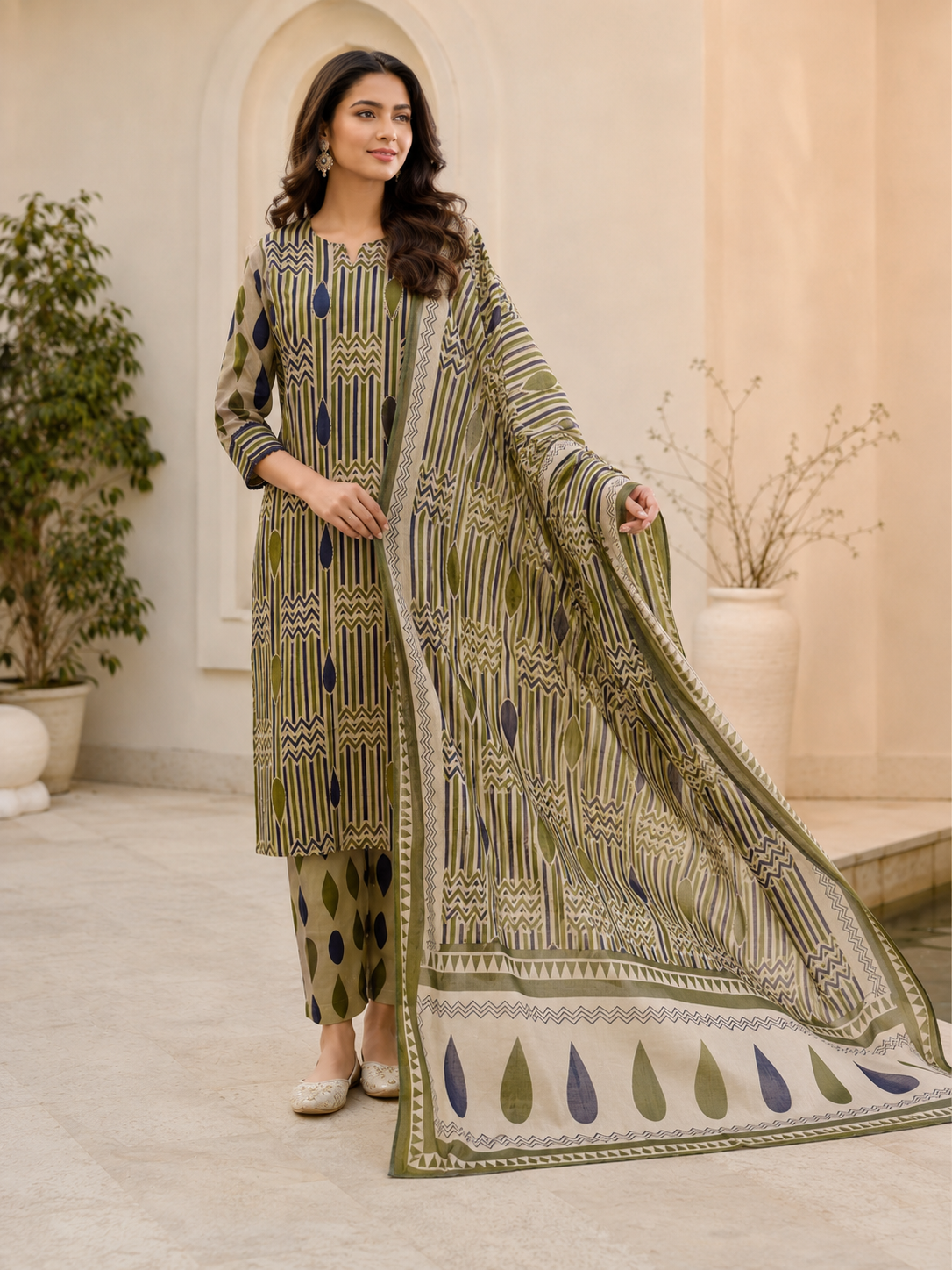 Olive Beige Geometric Printed Kurta Pant Dupatta Set