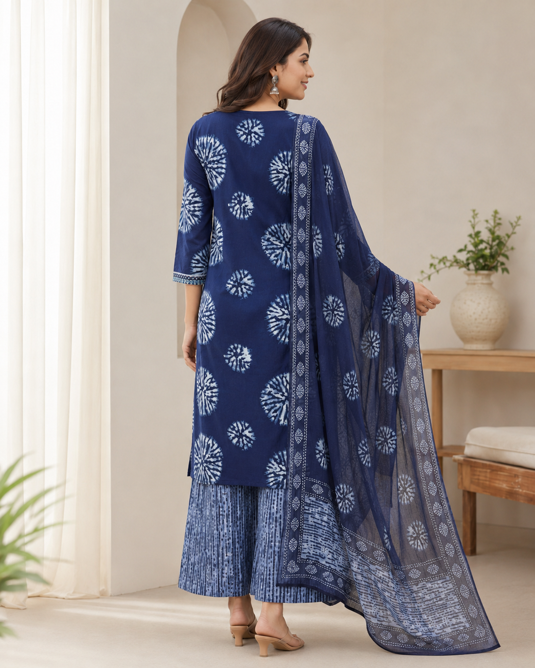 Indigo Shibori Print Kurta Palazzo Dupatta Set