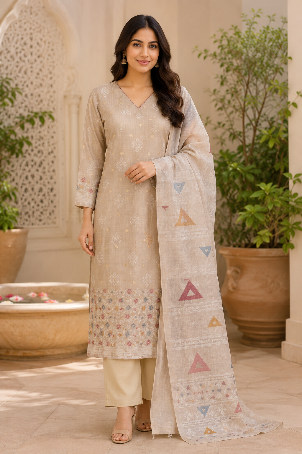 Beige Textured Kurta Pant Dupatta Set with Floral Hem Detailing