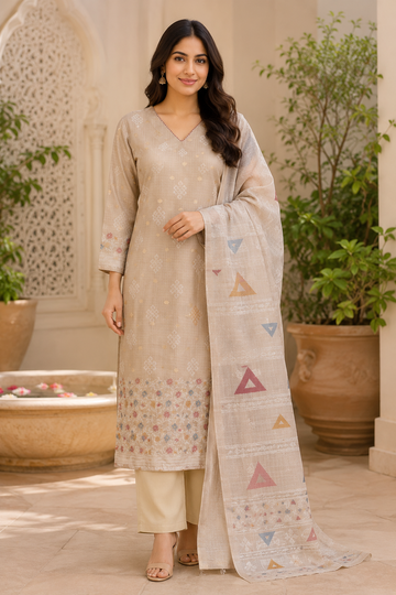 Beige Textured Kurta Pant Dupatta Set with Floral Hem Detailing